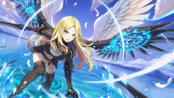 Rule 34 | 1girl, absurdres, armor, belt, belt pouch, black footwear, black gloves, blonde hair, blue eyes, blue sky, boots, breasts, brown belt, character request, chinese commentary, cleavage, closed mouth, cloud, commentary, crop top, day, elbow gloves, facial mark, faulds, feathered wings, feathers, feet out of frame, forehead mark, forehead tattoo, gloves, highres, holding, holding sword, holding weapon, large breasts, leaning forward, light blush, lipstick, long hair, looking at viewer, makeup, mechanical wings, mole, mole under eye, mountainous horizon, multiple wings, navel, official art, outdoors, pouch, red lips, shorts, shoulder armor, sky, solo, stomach, sword, thigh boots, vow of heroes, water, weapon, white shorts, white wings, wings, yun (etkami)