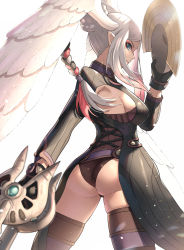Rule 34 | 1girl, absurdres, ass, blue eyes, breasts, cowboy shot, eyeliner, gonzarez, head wings, highres, holding, holding mask, holding weapon, leotard, makeup, mask, medium breasts, sideboob, silver hair, simple background, solo, tailcoat, thighhighs, tyrea (xenoblade), weapon, white background, wings, xenoblade chronicles (series), xenoblade chronicles 1