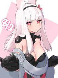 Rule 34 | 1girl, animal ear fluff, animal ears, bad link, black gloves, black hairband, blush, breasts, chorefuji, cleavage, closed mouth, commentary request, gloves, hair ribbon, hairband, hands up, highres, long hair, off shoulder, original, pink eyes, pink ribbon, raised eyebrows, ribbon, solo, upper body, white hair