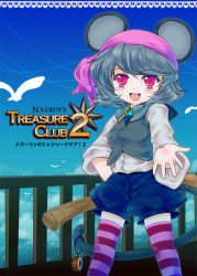 Rule 34 | 1girl, animal ears, female focus, grey hair, iris (artist), iris anemone, mouse ears, mouse tail, nazrin, pink eyes, pirate, short hair, solo, striped clothes, striped thighhighs, tail, thighhighs, touhou