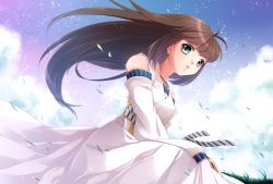 Rule 34 | 1girl, :d, brown hair, cloud, detached sleeves, dress, gensou suikoden, gensou suikoden ii, grass, green eyes, hair blowing, highres, ho-cki, jewelry, long dress, long hair, necklace, open mouth, sitting, smile, solo, viki (suikoden), wind