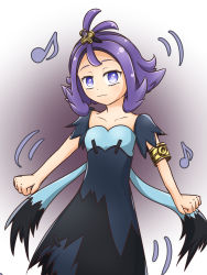 Rule 34 | 1girl, :3, acerola (pokemon), blush, clenched hands, creatures (company), dress, eyebrows, eyelashes, game freak, gradient background, hair ornament, highres, looking at viewer, multicolored clothes, multicolored dress, musical note, nintendo, pokemon, pokemon sm, purple eyes, purple hair, solo, stitches