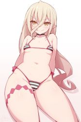 Rule 34 | 1girl, bikini, blonde hair, breasts, brown eyes, cameltoe, choker, commentary request, gradient background, hair between eyes, leg ribbon, long hair, looking at viewer, magilou (tales), micro bikini, navel, pointy ears, ribbon, side-tie bikini bottom, sidelocks, simple background, small breasts, smile, solo, string bikini, striped bikini, striped clothes, stroma, swimsuit, tales of (series), tales of berseria, thigh ribbon, white background, wide hips