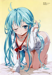 Rule 34 | 10s, 1girl, absurdres, ahoge, barefoot, blue eyes, blue hair, bow, censored, convenient censoring, denpa onna to seishun otoko, downblouse, feet, female focus, full body, gradient background, highres, long hair, matching hair/eyes, megami magazine, official art, one eye closed, panties, shirt, solo, touwa erio, underwear, very long hair, white background, wink