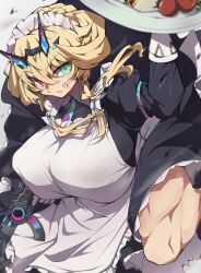 Rule 34 | 1girl, absurdres, apron, barghest (fate), barghest (swimsuit archer) (fate), black dress, blonde hair, breasts, collared dress, dress, fate/grand order, fate (series), food, gloves, green eyes, gun, heterochromia, highres, horns, huge breasts, kneeling, long sleeves, looking at viewer, maid, maid headdress, medium hair, muscular, muscular female, plate, red eyes, solo, toyosu, weapon, white apron, white gloves