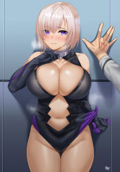 Rule 34 | 1girl, bare shoulders, black leotard, blush, breasts, cleavage, cleavage cutout, clothing cutout, collar, command spell, deep skin, elbow gloves, embarrassed, fate/grand order, fate (series), gloves, hair over one eye, heavy breathing, highleg, highleg leotard, highres, kabedon, kisaragi tsurugi, large breasts, leotard, light purple hair, looking at viewer, mash kyrielight, metal collar, navel, navel cutout, plump, pov, pov hands, purple eyes, purple gloves, shiny skin, short hair, smile, solo focus, steaming body, thighs