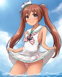 Rule 34 | 10s, 1girl, brown eyes, brown hair, dark-skinned female, dark skin, don (29219), dress, hat, kantai collection, libeccio (kancolle), long hair, panties, sailor dress, sky, smile, solo, striped clothes, striped panties, twintails, underwear, water