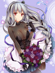 Rule 34 | 10s, 1girl, alfou (wixoss), black dress, black gloves, black hair, blush, bodystocking, bodysuit, bouquet, braid, breasts, cleavage, dress, flower, gloves, hairband, highres, long hair, looking at viewer, medium breasts, monety, multicolored hair, red eyes, rose, see-through, silver hair, single braid, smile, solo, two-tone hair, very long hair, wixoss