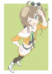 Rule 34 | 1girl, absurdres, ahoge, arm up, bad id, bad twitter id, boots, brown hair, collarbone, donguri suzume, full body, highres, hololive, looking at viewer, midriff, natsuiro matsuri, natsuiro matsuri (1st costume), navel, one eye closed, open mouth, pantyhose, short hair, side ponytail, simple background, solo, standing, v, virtual youtuber