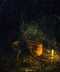 Rule 34 | character request, commentary, dark, dated, elden ring, english commentary, flower, highres, living jar (elden ring), moss, no humans, pot, ruins, shimhaq, signature, site of grace