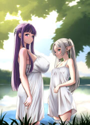 Rule 34 | 2girls, blunt bangs, blurry, blurry background, breasts, butterfly hair ornament, closed mouth, commentary request, covered erect nipples, dangle earrings, dress, earrings, elf, fern (sousou no frieren), frieren, from side, green eyes, grey hair, hair ornament, highres, huge breasts, jewelry, long hair, looking at viewer, looking to the side, multiple girls, osuzu akiomi, outdoors, parted bangs, partially submerged, pointy ears, purple eyes, purple hair, sidelocks, sleeveless, sleeveless dress, small breasts, smile, sousou no frieren, straight hair, twintails, wading, white dress
