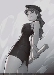 Rule 34 | 1girl, artist request, ass, breasts, curvy, highres, katsuragi misato, long hair, looking at viewer, monochrome, neon genesis evangelion, patreon, shiny skin, simple background, smile, solo