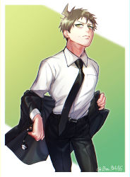 Rule 34 | 1boy, baru (bar 0405), belt, black jacket, black necktie, black pants, breast pocket, brown eyes, brown hair, charm (object), closed mouth, collared shirt, commentary request, cowboy shot, danganronpa (series), danganronpa 3 (anime), frown, green background, highres, hinata hajime, holding, jacket, leaning forward, long sleeves, looking up, male focus, monokuma, necktie, off shoulder, pants, pocket, shirt, shirt tucked in, short hair, solo, sweatdrop, white background, white shirt, wing collar