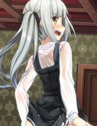 Rule 34 | 10s, 1girl, angry, blush, door, dress, from behind, indoors, kantai collection, kasumi (kancolle), kasumi kai ni (kancolle), long hair, looking back, open mouth, out-of-frame censoring, panties, panty pull, pinafore dress, see-through, shirt, side ponytail, silver hair, sitting, sleeveless dress, solo, underwear, water drop, wet, wet clothes, wet dress, wet shirt, white shirt, wooden ceiling, yellow eyes, zero (miraichizu)