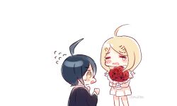 Rule 34 | 1boy, 1girl, ahoge, akamatsu kaede, alternate costume, artist name, bad id, bad twitter id, black jacket, black sleeves, blonde hair, blue eyes, blush stickers, bouquet, closed eyes, commentary, dalrye v3, danganronpa (series), danganronpa v3: killing harmony, deformed, dress, flower, flying sweatdrops, fortissimo, hair ornament, hands up, holding, holding bouquet, jacket, long hair, long sleeves, looking at another, lowres, musical note, musical note hair ornament, open mouth, puffy short sleeves, puffy sleeves, red flower, red rose, rose, saihara shuichi, short dress, short sleeves, simple background, sweatdrop, symbol-only commentary, tearing up, wavy mouth, white background, white dress, white sleeves, yellow eyes