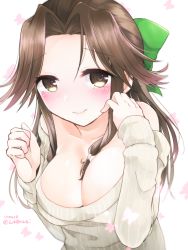 Rule 34 | 10s, 1girl, breasts, brown eyes, brown hair, cleavage, collarbone, dated, half updo, jintsuu (kancolle), kantai collection, large breasts, long hair, long sleeves, nagihashi koko, smile, solo, sweater, twitter username, white sweater