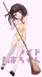 Rule 34 | 1girl, black hair, broom, brown eyes, camisole, full body, hair ribbon, highres, kantai collection, looking at viewer, mary janes, panties, polka dot, polka dot background, ribbon, shoes, short hair, short hair with long locks, solo, striped camisole, striped clothes, striped panties, thighhighs, ukuru (kancolle), underwear, underwear only, uut, white thighhighs, yellow camisole, yellow panties