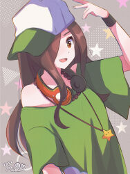 Rule 34 | 1girl, :d, absurdres, anotherplus, arm at side, artist name, baseball cap, bead necklace, beads, black wristband, breasts, brown eyes, brown hair, circle, commentary, dated, film grain, gaen izuko, green hat, green shirt, grey background, hair over one eye, hair over shoulder, halftone, halftone background, hand up, hat, headphones, headphones around neck, highres, jewelry, long hair, looking at viewer, medium breasts, monogatari (series), necklace, off-shoulder shirt, off shoulder, open mouth, pendant, prayer beads, red headphones, shirt, short sleeves, sideways hat, signature, single bare shoulder, smile, solo, spread fingers, star (symbol), triangle, upper body, white hat, wide sleeves