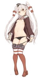 Rule 34 | 1girl, absurdres, amatsukaze (kancolle), black choker, black panties, breasts, brown eyes, choker, dress, garter straps, hair tubes, hat, highres, kantai collection, long hair, long sleeves, looking at viewer, mini hat, navel, open clothes, open dress, panties, red thighhighs, ryo (tg290), sailor dress, short dress, silver hair, smokestack hair ornament, standing, strap pull, striped clothes, striped thighhighs, thighhighs, two side up, underboob, underwear
