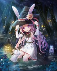 Rule 34 | 1girl, animal, animal hat, ascot, black cape, black hat, cape, dress, flower, forest, frilled hat, frills, full body, grass, hand on headwear, hands up, hat, hat flower, hat ribbon, kneehighs, kneeling, leaf, long hair, long sleeves, looking at viewer, nature, night, open mouth, original, outdoors, pink hair, purple eyes, rabbit, rabbit hat, rain, red ribbon, ribbon, roang, sash, socks, solo, striped clothes, striped socks, tree, water drop, white dress, witch, witch hat, wrist cuffs, yellow dress