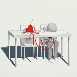 Rule 34 | 1boy, avogado6, blood, blood stain, chair, fork, heart, leaning on object, limited palette, pants, long sleeves, muted color, original, own hands together, pants, short hair, symbolism, table, table knife, veins
