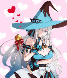 Rule 34 | 1girl, ;p, alternate costume, arm ribbon, arm under breasts, artist name, bare shoulders, black ribbon, bow, breasts, citron80citron, cleavage, cowboy shot, fate/grand order, fate (series), finger to mouth, fingernails, grey hair, hair between eyes, hat, heart, heart background, highres, large breasts, long fingernails, long hair, morgan le fay (fate), morgan le fay (valentine witches) (fate), one eye closed, ribbon, shushing, smile, solo, tongue, tongue out, very long hair, waist bow, witch hat, wrist cuffs
