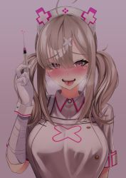 Rule 34 | 1girl, absurdres, ahoge, aphrodisiac, apron, blush, breasts, breath, buttons, dress, gloves, grey background, hair ornament, hair over one eye, hat, heart, heart-shaped pupils, highres, holding, holding syringe, large breasts, long hair, looking at viewer, mole, mole under eye, nijisanji, nurse, nurse cap, open mouth, purple eyes, saliva, sharp teeth, short sleeves, silver hair, simple background, smile, solo, sukoya kana, symbol-shaped pupils, syringe, teeth, tongue, tongue out, toshise., twintails, virtual youtuber, white apron, white dress, white gloves, wrist cuffs, x hair ornament