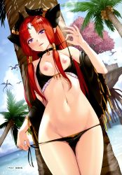 Rule 34 | 1girl, absurdres, benimura karu, bikini, blush, breasts, highres, horns, long hair, looking at viewer, medium breasts, nipples, open clothes, open shirt, panties, panty pull, parted lips, pointy ears, purple eyes, red hair, solo, standing, sweat, swimsuit, underwear, undressing