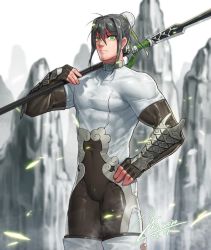 Rule 34 | 1boy, black hair, bodysuit, bun cover, cape, chinese clothes, covered navel, facial hair, fate/grand order, fate (series), fingerless gloves, genderswap, genderswap (ftm), gloves, green eyes, hand on own hip, jin (sirius-j), long hair, looking at viewer, mahou kyuuri, male focus, polearm, qin liangyu (fate), sidelocks, simple background, skin tight, solo, thighs, weapon