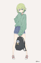 Rule 34 | 1girl, absurdres, backpack, bag, bell cranel, blue eyes, blue shorts, character doll, charmy, converse, dungeon ni deai wo motomeru no wa machigatteiru darou ka, green hair, green jacket, hand on own face, highres, jacket, long sleeves, pink footwear, pointy ears, ryu lion, shoes, shorts, signature, simple background, sleeves past fingers, sleeves past wrists, sneakers