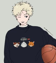 Rule 34 | 1boy, all nobori, artist name, ball, basketball (object), black shirt, blonde hair, cat, clothes writing, commentary, earrings, english commentary, grey background, highres, holding, holding ball, jewelry, long sleeves, male focus, one eye closed, original, parted lips, shirt, simple background, solo, upper body