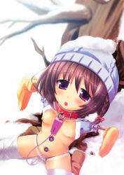 Rule 34 | 1girl, amputee, bandages, bdsm, beanie, breasts, collar, female focus, from above, hair ribbon, hat, humiliation, kneeling, kouguchi moto, looking up, nature, nipples, nude, outdoors, public indecency, public nudity, purple eyes, ribbon, sex toy, small breasts, snow, solo, tree, vibrator