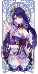 Rule 34 | 1girl, art nouveau, blue flower, breasts, cleavage, commentary, felielle, flower, genshin impact, japanese clothes, kimono, long braid, long hair, looking at viewer, medium breasts, obi, parted lips, purple eyes, purple hair, purple kimono, raiden shogun, red sash, sash, solo, standing, thighhighs, thighs, very long hair