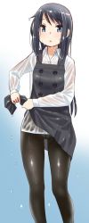 Rule 34 | 10s, 1girl, asashio (kancolle), black hair, black pantyhose, blue eyes, buttons, commentary request, crotch seam, dress, highres, kantai collection, long hair, long sleeves, looking at viewer, panties, panties under pantyhose, pantyhose, pinafore dress, retsumaru, school uniform, see-through, shirt, skirt, sleeveless, sleeveless dress, solo, underwear, water, wet, wet clothes, wet hair, wet shirt, white shirt