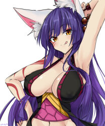 Rule 34 | 1girl, :q, animal ear fluff, animal ears, arm behind head, arm up, armpits, bare arms, bare shoulders, blue hair, blunt bangs, body markings, breasts, breasts apart, closed mouth, covered erect nipples, daji (monster strike), eyeliner, facial mark, hair ornament, hand on own hip, highres, impossible clothes, kurokage, large breasts, light blush, long hair, looking at viewer, makeup, midriff, monster strike, navel, simple background, sketch, sleeveless, smile, solo, straight hair, tongue, tongue out, white background, yellow eyes