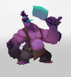 Rule 34 | 1boy, alternate costume, arm hair, barefoot, black pants, blue hair, commentary, dr. mundo, english commentary, fat, fat man, full body, gradient background, green eyes, grey background, holding, holding weapon, league of legends, long hair, long tongue, looking at viewer, male focus, muscular, muscular male, navel, open mouth, open pants, pants, saliva, scar, scar on arm, scar on chest, signature, solo, standing, teeth, thorsten erdt, tongue, watermark, weapon, web address