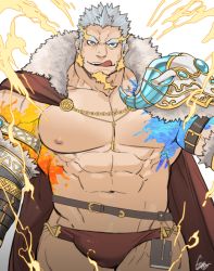 Rule 34 | 1boy, :q, abs, armor, bara, bare pectorals, briefs, brown cape, brown male underwear, bulge, cape, character request, cowboy shot, erection, erection under clothes, facial hair, fiery hair, fire, fur-trimmed cape, fur trim, goatee, gomtang, heterochromia, horns, ice, large pectorals, lightning bolt symbol, long sideburns, looking at viewer, male focus, male underwear, mature male, muscular, muscular male, navel, navel hair, nipples, pauldrons, pectorals, short hair, shoulder armor, sideburns, silver hair, solo, stomach, thick eyebrows, thick thighs, thighs, tokyo houkago summoners, tongue, tongue out, underwear