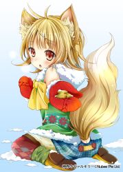 Rule 34 | 1girl, ahoge, animal ears, ass, bare shoulders, blonde hair, blush, bow, coin, company name, fang, fox ears, fox tail, holding, holding coin, looking at viewer, mittens, parted lips, picpicgram, red eyes, red mittens, ribbon, seiza, shinkai no valkyrie, sitting, snow, solo, tail, yellow bow, yellow ribbon