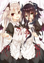 Rule 34 | 2girls, :d, age of ishtaria, apron, aqua eyes, asymmetrical docking, black dress, black hair, black wings, breast press, breasts, cowboy shot, curtains, demon girl, demon horns, demon tail, demon wings, dress, empusa (age of ishtaria), fangs, gem, hair between eyes, hand on own cheek, hand on own face, head tilt, highres, horns, long hair, looking at viewer, maid, maid headdress, multiple girls, open mouth, outstretched hand, pointy ears, prosthesis, prosthetic arm, puffy short sleeves, puffy sleeves, purple eyes, ribbon, saeki touma, short sleeves, sidelocks, simple background, small breasts, smile, tail, two side up, upier (age of ishtaria), white apron, white background, white ribbon, wings, wrist cuffs