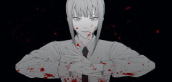 Rule 34 | 1girl, black background, black necktie, blood, blood on clothes, blood on face, blood on hands, braid, braided ponytail, breasts, chainsaw man, collared shirt, expressionless, fingernails, formal, gbvpg, highres, long sleeves, looking at viewer, makima (chainsaw man), medium breasts, medium hair, necktie, neckwear request, own hands together, ringed eyes, shirt, simple background, solo, suit, upper body