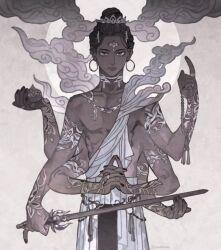 Rule 34 | 1boy, arm tattoo, black skin, colored skin, conohi (snvcenni), dark skin, earrings, extra arms, flower, hair bun, highres, hinduism, holding, holding sword, holding weapon, jewelry, lotus, male focus, original, own hands clasped, own hands together, single hair bun, smoke, solo, sword, tattoo, weapon