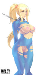 Rule 34 | 1girl, arms behind back, bad id, bad pixiv id, bdsm, blonde hair, blue eyes, bodysuit, bondage, bound, breasts, chain, cleft of venus, collar, large breasts, leash, lips, long hair, md5 mismatch, metroid, nintendo, nipples, owler, ponytail, pussy, resolution mismatch, samus aran, scrunchie, sidelocks, skin tight, solo, source larger, spiked collar, spikes, standing, torn bodysuit, torn clothes, uncensored, white background, zero suit