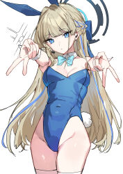 Rule 34 | 1girl, absurdres, animal ears, asymmetrical sidelocks, blonde hair, blue archive, blue bow, blue bowtie, blue eyes, blue hair, blue leotard, bow, bowtie, braid, breasts, cleavage, cropped legs, detached collar, double v, earphones, fake animal ears, fake tail, french braid, gyaru v, hair ornament, halo, haruyuki (gffewuoutgblubh), highleg, highleg leotard, highres, leotard, long hair, looking at viewer, medium breasts, multicolored hair, official alternate costume, playboy bunny, rabbit ears, rabbit tail, solo, swept bangs, tail, thighhighs, toki (blue archive), toki (bunny) (blue archive), two-tone hair, v, white background, white thighhighs, wrist cuffs