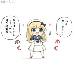 Rule 34 | 1girl, blonde hair, blue eyes, blue sailor collar, chibi, commentary request, dress, full body, gloves, goma (yoku yatta hou jane), hat, jervis (kancolle), kantai collection, long hair, mary janes, open mouth, sailor collar, sailor dress, sailor hat, shoes, short sleeves, simple background, solo, standing, translation request, twitter username, white background, white dress, white gloves, white hat