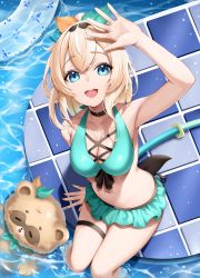 Rule 34 | 1girl, :d, absurdres, alternate breast size, arm up, bikini, bikini skirt, black choker, blonde hair, blue bikini, blue eyes, breasts, choker, cleavage, from above, hair ribbon, highres, hololive, innertube, kazama iroha, knees together feet apart, large breasts, looking at viewer, looking up, medium breasts, open mouth, pokebee, poolside, ribbon, roina (effj7473), sitting, smile, solo, swim ring, swimsuit, sword, thigh strap, virtual youtuber, water, weapon