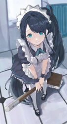 Rule 34 | 1girl, apron, aqua eyes, aris (blue archive), aris (maid) (blue archive), black dress, black hair, blue archive, blush, breasts, dress, highres, holding, holding mop, indoors, long hair, looking at viewer, maid, maid apron, maid headdress, mary janes, mop, official alternate costume, pantyhose, ponytail, shoes, sidelocks, small breasts, smile, solo, ushiwaka, very long hair, white apron, white pantyhose, wristband