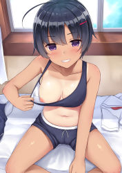 Rule 34 | 1girl, ahoge, black hair, blouse, blue bra, blue one-piece swimsuit, blue shorts, blush, bra, bra pull, breasts, breasts apart, clothes pull, collarbone, commentary request, competition school swimsuit, curtains, dark-skinned female, dark skin, day, from above, grin, hair between eyes, hair ornament, hairclip, highres, indoors, looking at viewer, medium breasts, mizunashi kenichi, navel, neckerchief, nipples, on bed, one-piece swimsuit, one-piece tan, one breast out, original, parted lips, pulling own clothes, purple eyes, red neckerchief, sailor collar, school swimsuit, school uniform, serafuku, shirt, short hair, short shorts, short sleeves, shorts, sitting, smile, solo, sports bra, sports bra pull, spread legs, stomach, swimsuit, tan, tanline, underwear, unworn swimsuit, white sailor collar, white shirt, window