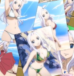 Rule 34 | 1girl, arms up, ass, bikini, blue eyes, blush, breasts, fairy tail, female focus, front ponytail, highres, huge ass, large breasts, long hair, mirajane strauss, screencap, solo, stitched, swimsuit, third-party edit, underboob, white hair