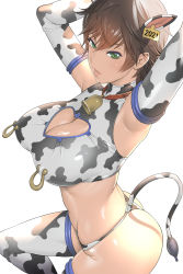 Rule 34 | 1girl, animal ears, animal print, armpits, arms up, ass, bare shoulders, bell, breasts, brown hair, cleavage, cleavage cutout, clothing cutout, commentary request, covered erect nipples, cow ears, cow girl, cow print, cow tail, cowbell, cowboy shot, ear tag, elbow gloves, from side, gloves, green eyes, halterneck, halterneck, heart cutout, highres, kotoyoshi yumisuke, large breasts, lips, mature female, nipple piercing, original, parted lips, piercing, piercing through clothes, short hair, simple background, skindentation, sleeveless, solo, tail, tail through clothes, thighhighs, thighs, thong, white background
