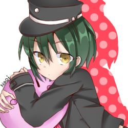 Rule 34 | 1boy, angel beats!, black hat, black jacket, closed eyes, closed mouth, commentary request, from side, green hair, hair between eyes, hat, headwear request, holding, jacket, key (company), long sleeves, looking at viewer, looking to the side, lowres, male focus, naoi ayato, polka dot, polka dot background, shadow, short hair, simple background, solo, uniform, upper body, white background, yellow eyes, zuzuhashi